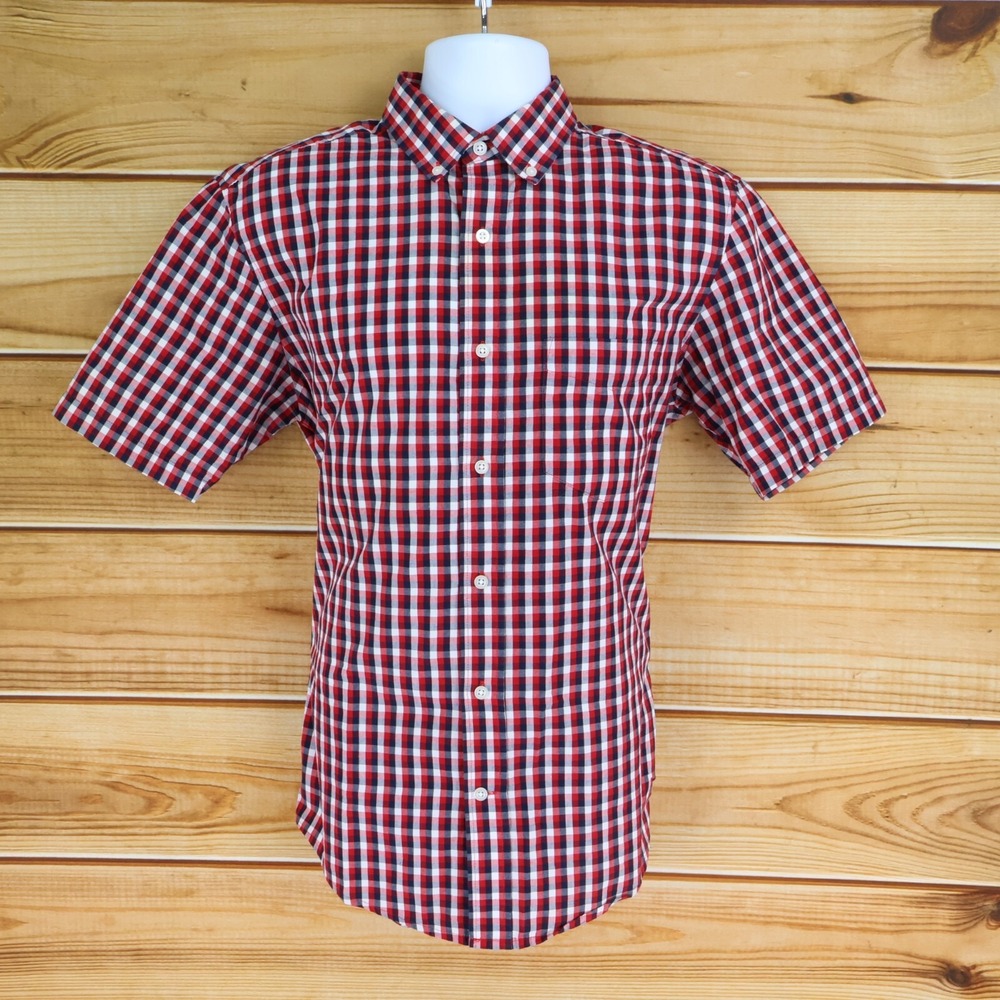 George Short Sleeve Dress Shirt Mens Size S Red Checks Cotton Button Down Collar
